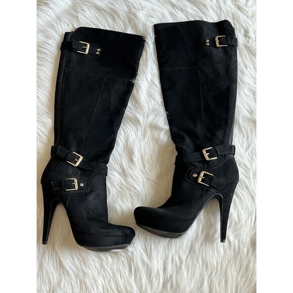 GBG GUESS Womens Size 7.5 Black Tall Stiletto Boots Pointed Toe Sexy Buckle - Picture 1 of 8